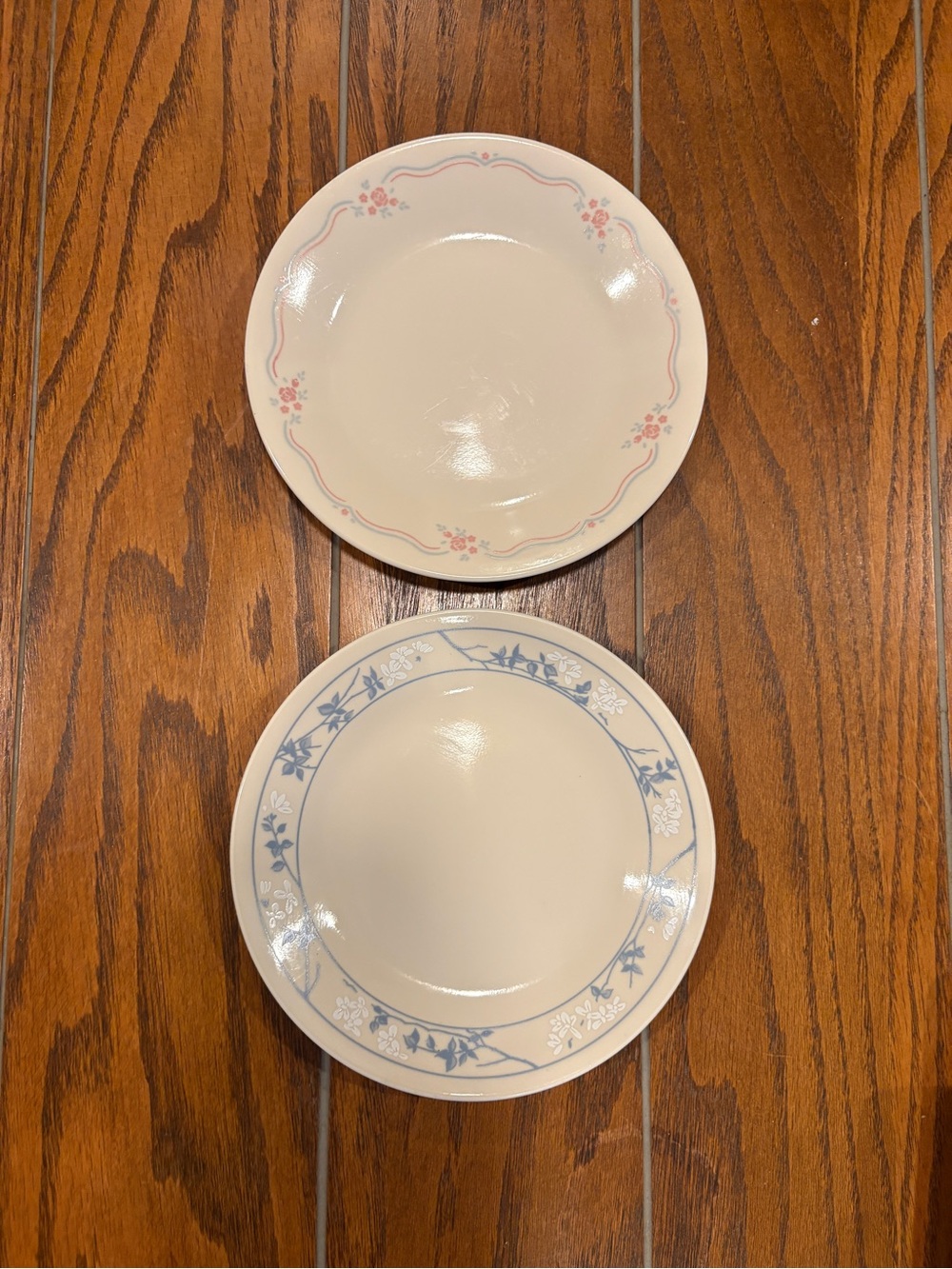 Pair of Corelle Dessert Plates with Pink Floral and Blue Vine Borders